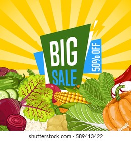 Big sale proposition for farm food banner vector illustration. Natural vegetable sale, organic farming retail, vegan product store promo. Healthy farm food offer advertising with corn, pumpkin, potato