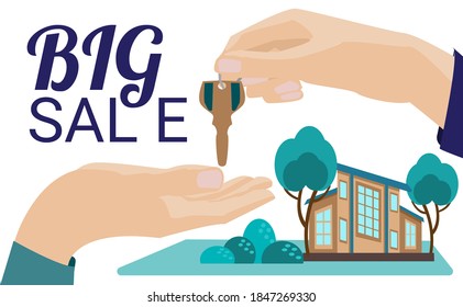 Big sale of real estate. Real estate concept. Businessman hands giving key for house. Rent a house. Сartoon style. poster. The horizontal composition. Vector illustration in flat style.
