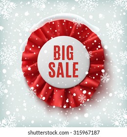 Big sale, realistic red label with ribbons, on on winter background with snow and snowflakes. Badge. Vector illustration.