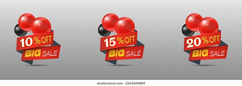 Big sale red banner with beautiful balloons and offers.