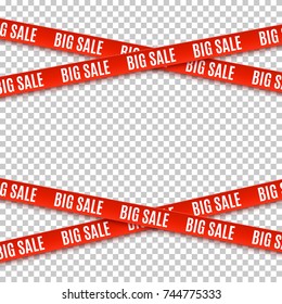 Big sale red banners. Set of warning tapes, ribbons on transparent background. Template for brochure, poster or flyer Vector illustration.