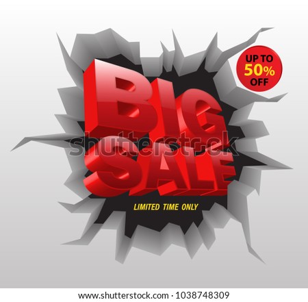 Big sale red on crack wall 3D style. Vector illustration for sale advertising.
