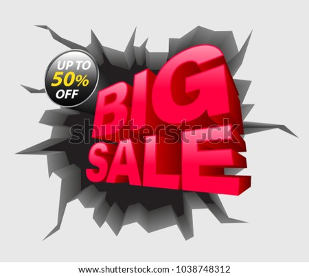 Big sale red on crack wall 3D style. Vector illustration for sale advertising.