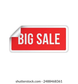Big sale red rectangle peel off shopping label discount deal design template realistic vector illustration. Shop store low price special offer sticky tag marketing message retail promo clearance