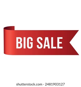 Big sale red ribbon flag shopping label design template realistic vector illustration. Shop store discount clearance special offer price off commercial retail emblem for marketing promo announce