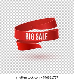 Big sale. Red ribbon transparent background . Brochure, poster or flyer template. Vector illustration.