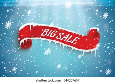big sale.the red scroll.on the background of snow with icicles