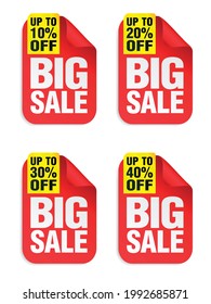Big Sale red stickers set with yellow ribbon. Sale stickers 10%, 20%, 30%, 40% off. Vector illustration