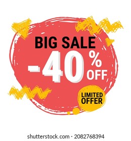 Big sale red tag. concept of price list for discounts, of an advertising campaign, advertising marketing sales, a 40 off discount, unique offer. Vector illustration. limited offer . Isolated on white