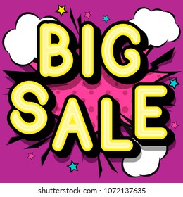 Big sale - retro lettering with shadows, halftone pattern on retro poster  background. Vector bright illustration in vintage pop art style.