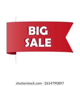 Big sale ribbon. Discount banner tag. Red curved label. Vector promotion shape.