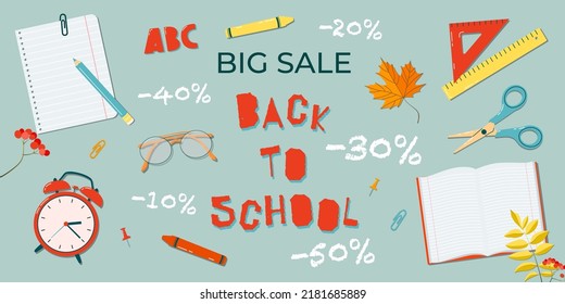 Big sale of school supplies, discounts. Back to school autumn concept. Pupil's supplies. Vector illustration in a flat style on a blue background. All objects are isolated