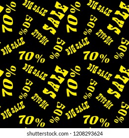 Big sale, seamless pattern, yellow on black background, vector