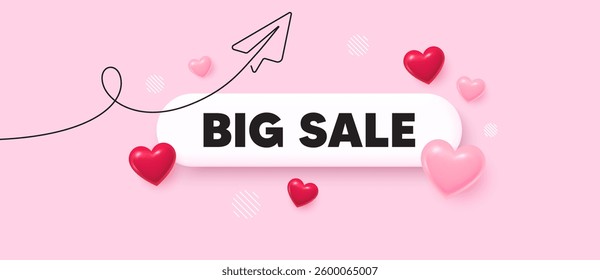 Big sale search bar. Share plane line icon. Big Sale. Special offer price sign. Advertising Discounts symbol. Search button with 3d hearts. Vector