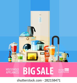 big sale. set of elements - refrigerator, washing machine, vacuum cleaner, food processor, mixer, blender, microwave oven, coffee machine, juicer, jug, iron, electric kettle