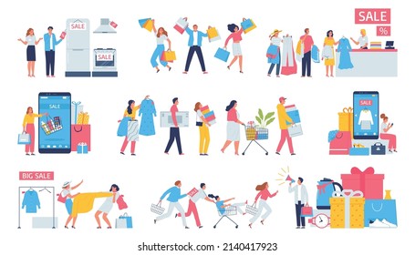 Big sale set of isolated icons with doodle characters of shopping people goods and gift boxes vector illustration