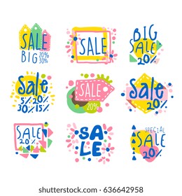 Big sale set for label design. Sale shopping, exclusive special offers badges. Colorful logo vector Illustrations