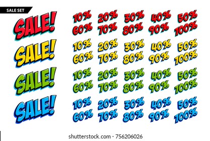Big sale set. Pop-art comics style isolated on white. Four color Sale inscription and 10, 20, 30, 40, 50, 60 70 80 90100 percent signs Vector illustration