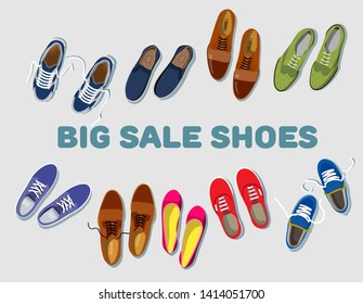 Big sale shoes. Sneaker sport. Shoe athletic. Fashion footwear. Concept set of vector red, blue, green, lilac, brown women's and men's footgear top view in flat style isolated on light gray background