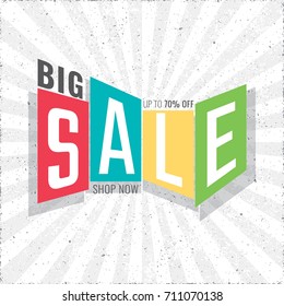 Big Sale Shop Now Logo with Lettering Filled in Distorted Rectangles Shopping Creative Concept - Green Red Turquoise and Yellow on Grunge White Rays Sunburst Background - Vector Flat Graphic Design