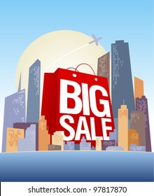 Big sale shopping bag in city, vector poster.