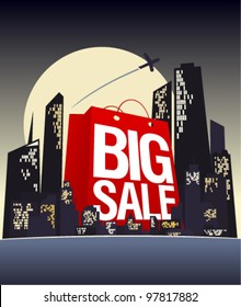 Big Sale Shopping Bag In Night City, Vector Poster.