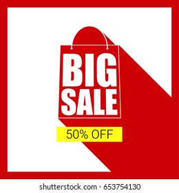 Big sale shopping bag silhouette with long shadow. Selling banner, discount fifty percent on a yellow button backdrop. Simple and clear advertising banner. Horizontal red background.
