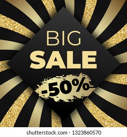 Big Sale shopping banner design template 50 percent off with glossy glitter and golden stripes on black background. Vector illustration for flyer, poster, shopping, discount, web