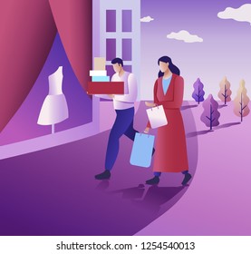 Big sale and Shopping concept. The Flat vector illustration. The man and woman go shopping in a city street.