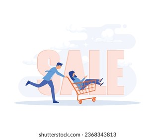 Big sale shopping. People shop online. E-commerce and online shopping. Special offer or big seasonal sale, Man push shopping cart with woman. flat vector modern illustration