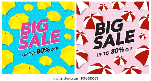 Big Sale shopping promotion rainy monsoon season templates with red yellow umbrellas random pattern