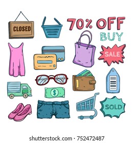 big sale and shopping time icons or elements with colored doodle style