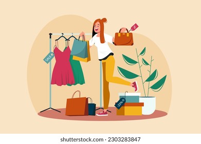 Big sale shopping yellow concept with people scene in the flat cartoon design. A girl buys a lot of discount clothes in a store. Vector illustration.