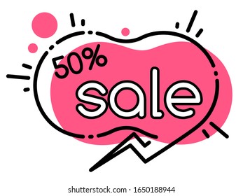 Big sale in shops and stores, clearance. Discounts up to 50 percent off price on products. Advertising geometric bubble. Simple outline label with promotion caption. Vector illustration in minimalism