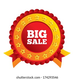 Big sale sign icon. Special offer symbol. Red award label with stars and ribbons. Vector