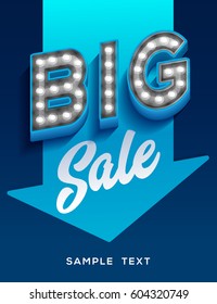 Big sale sign. Retro light signboard banner with glowing bulbs. Vector Illustration