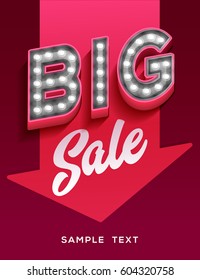 Big sale sign. Retro light signboard banner with glowing bulbs. Vector Illustration