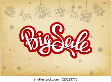 Big Sale sign, vector handwritten text, Sale background with shop icons, banner template. 