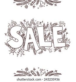 Big sale sketch. Hand drawn vector illustration with twigs, pine cones, plants