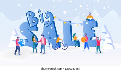 Big sale with small happy characters Concept for web page, banner, presentation, social media, documents, cards, posters. Vector illustration, Sale Event, Shopping. Big Discount, Promo Concept