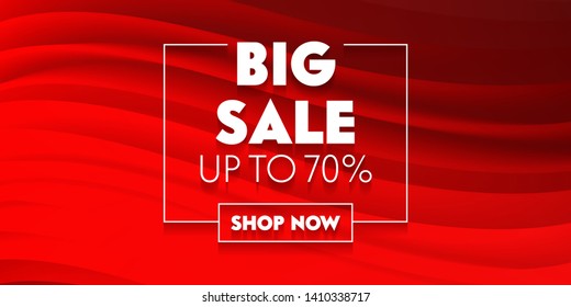 Big Sale Social Media Promo Ad Poster, Banner with Typography on Red Background with Abstract Waves. Branding Template Design for Shopping Discount. Backdrop Content Decoration. Vector Illustration