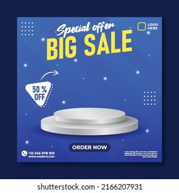 Big sale social media template with blank space podium for product sale in dark background