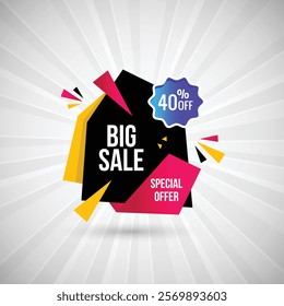 Big Sale Special Offer 40% off Banner Design Vector Illustration. Yellow triangular vector tag template for big sale and Special Offer. Banner design with black and elements.