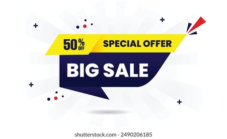 Big sale special offer 50% off banner template design with white background, blue and yellow shapes vector art perfect for promotional graphics, discounts, and advertising.