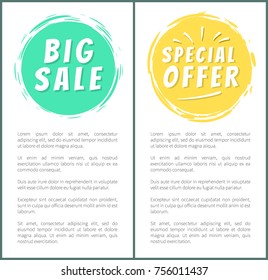 Big sale special offer advertisement stickers, set of round labels with brush strokes on posters, text on vector illustration banners, white background