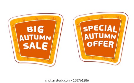 big sale and special offer autumn banners - text in orange labels, business fall seasonal concept, vector