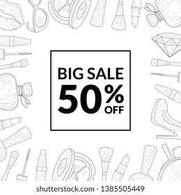 Big Sale Special Offer Banner Template, Sale with 50 Percent Off, Woman Fashion and Beauty, Makeup Products, Cosmetics Vector Illustration