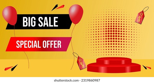 Big Sale. Special offer. Banner for web or social media. Editable banner with gradient yellow background and red and black details. Red balloons. Bebas Neue Bold typography