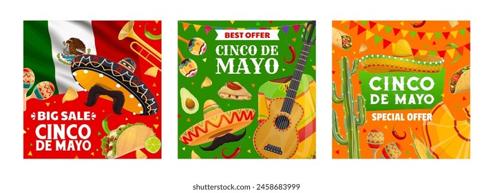 Big sale special offer banners, Cinco de mayo Mexican holiday promo. Vector square promotional cards or social media posts with jalapeno pepper, national flag and food, sombrero, mustaches and poncho