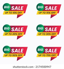 
big sale special offer discount set with different sale percentages up to 10,15,20,30,40,50,75 off green red yellow sale tags set design